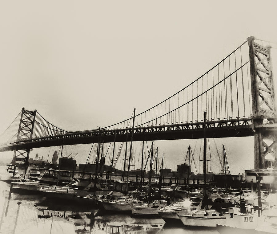 Ben Franklin Bridge from the Marina in Black and White. Photograph by Bill Cannon