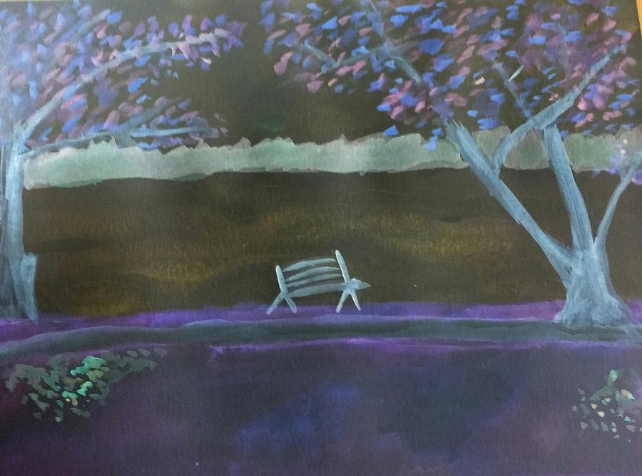 Bench by the Lake at Night Mixed Media by Stacie Siemsen