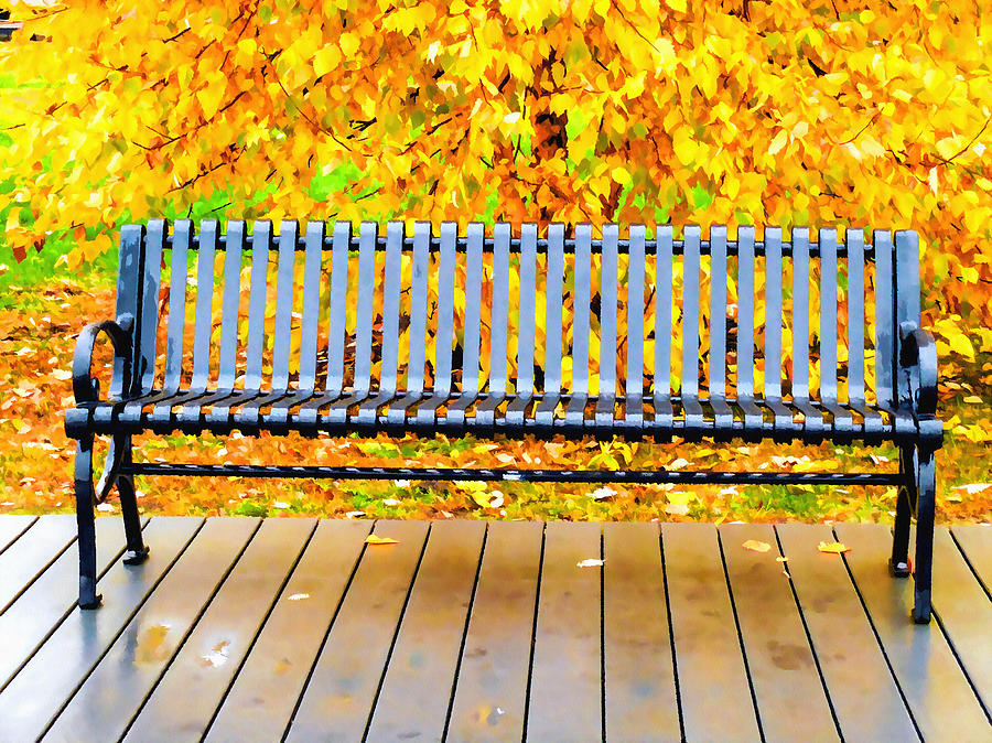 Bench in the autumn park Painting by Jeelan Clark - Pixels