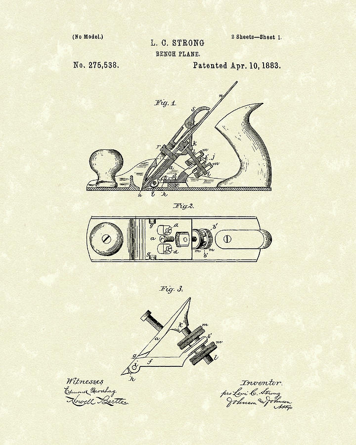 Bench Plane 1883 Patent Art Drawing by Prior Art Design