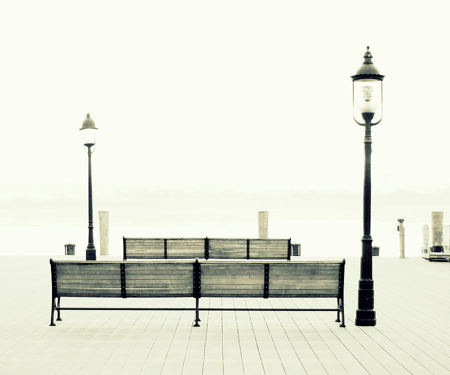 Benches On The Pier In Black and White Photograph by James DeFazio