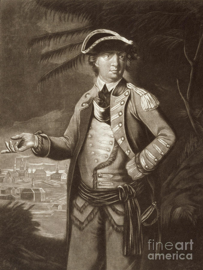 Benedict Arnold, after a portrait of 1766 with Quebec in the background Drawing by English School