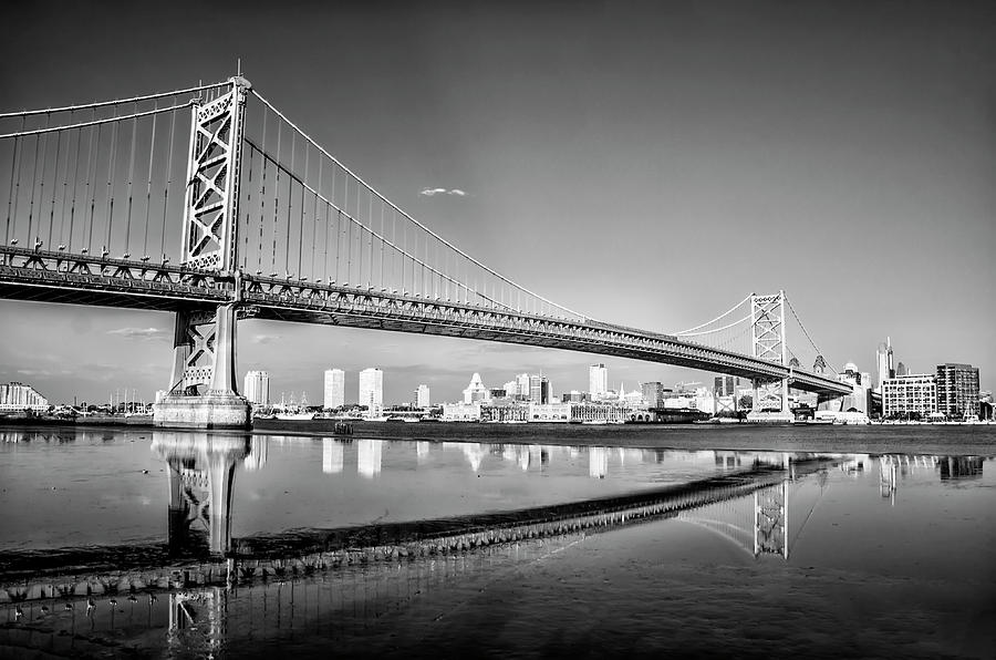 Benjamin Franklin Bridge View of Philadelphia  - Black and White Photograph by Bill Cannon
