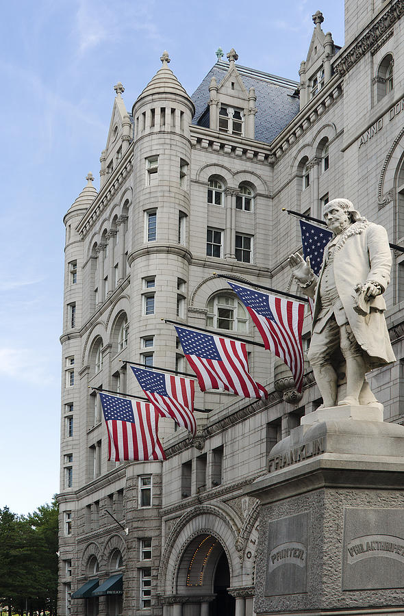 Flag Photograph - Benjamin Franklin Statue in front of The Old Post Office - Washington DC by Brendan Reals