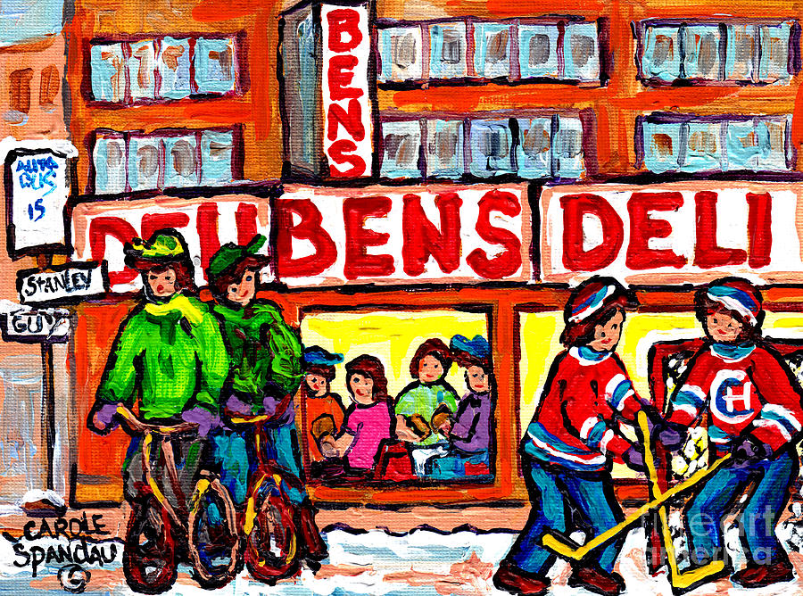Bens Deli Montreal Memories  Winter City  Scene Painting Hockey Art Canadian Artist Carole Spandau Painting by Carole Spandau