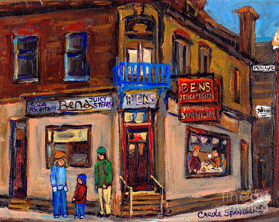Bens Restaurant Montreal Memories Rue Metcalfe Juicy Steaks Best Original Jewish Landmark Painting  Painting by Carole Spandau