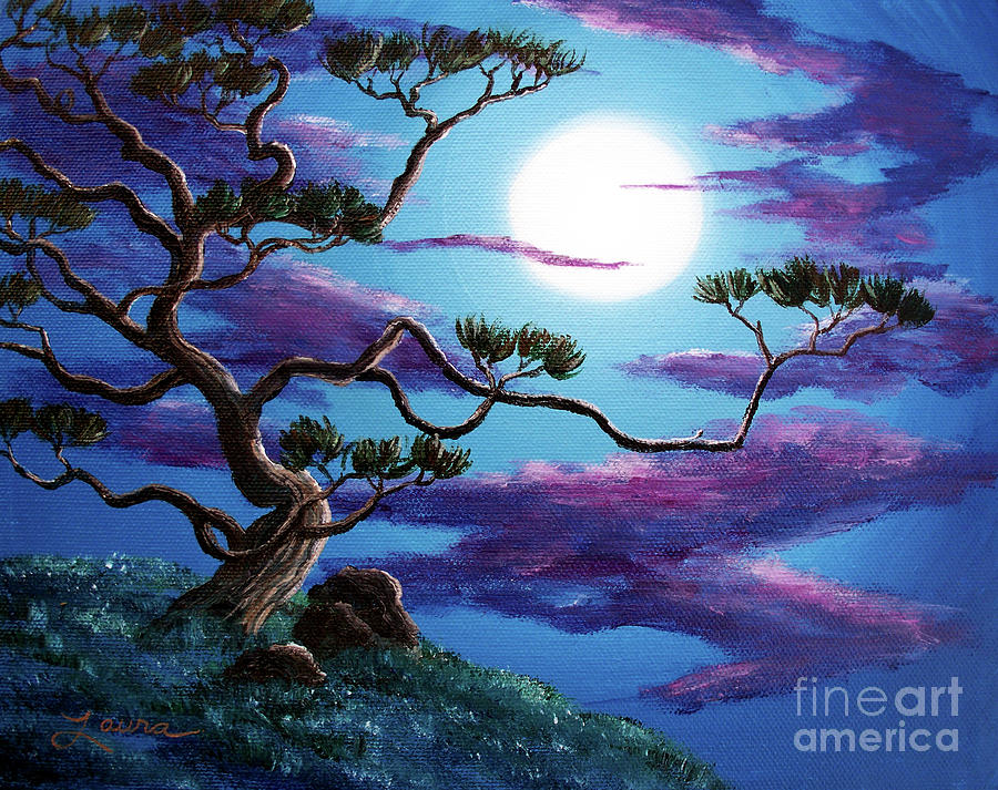 Bent Pine Tree at Moonrise Painting by Laura Iverson