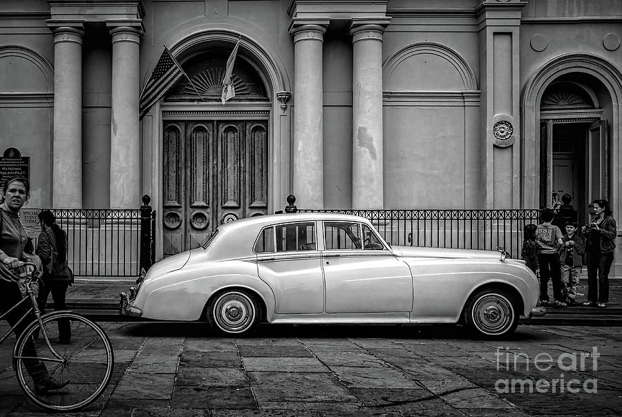 Bentley at St. Louis Cathedral in Jackson Square-bw Photograph by Kathleen K Parker