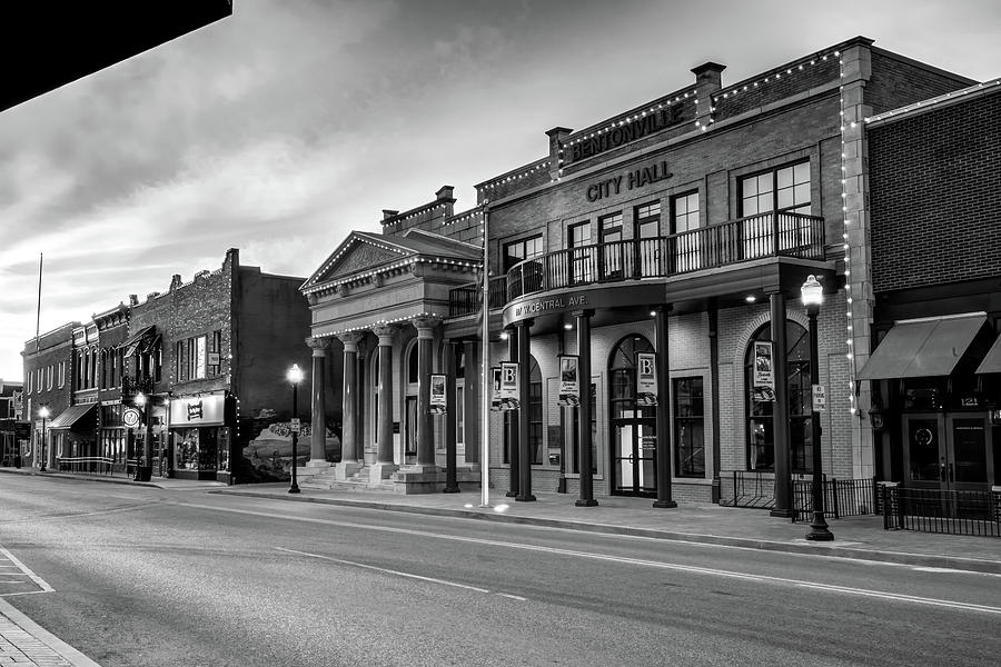 Bentonville Arkansas Central Avenue Skyline in Black and White Photograph by Gregory Ballos