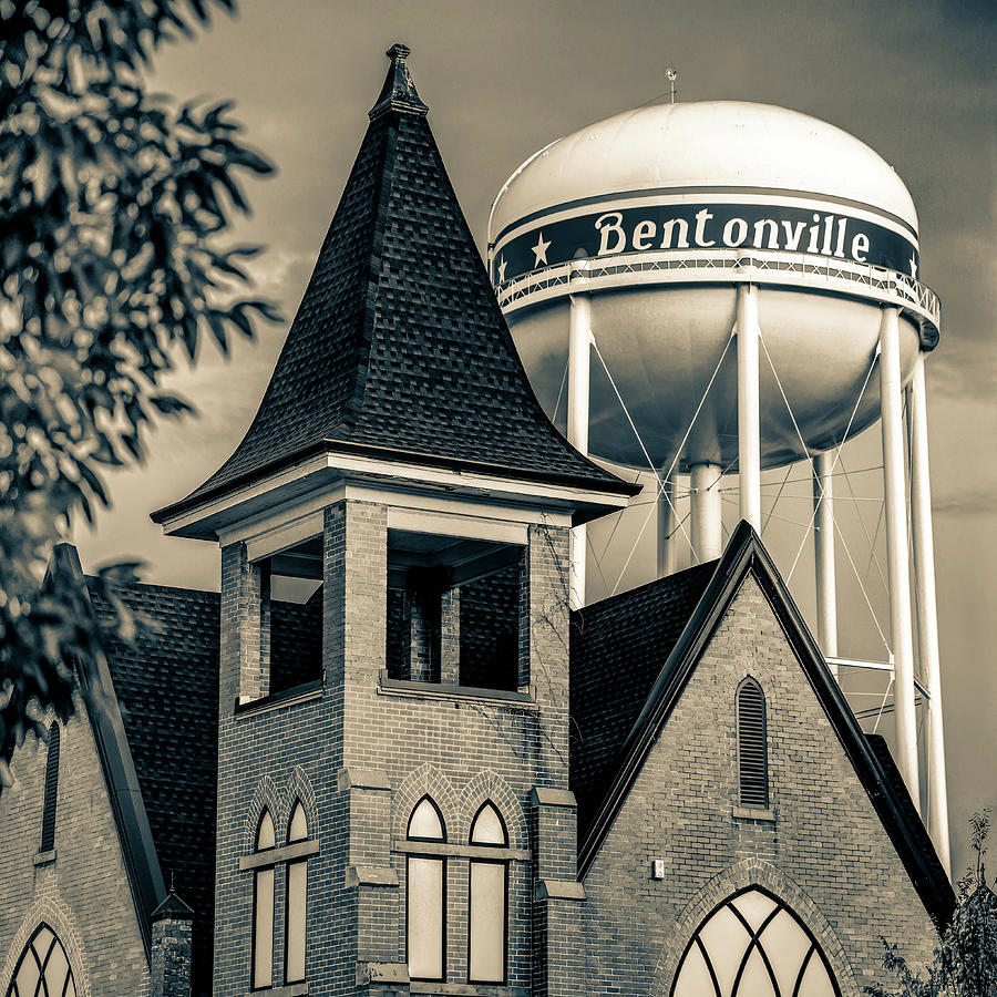 Bentonville Arkansas Cityscape Church Water Tower - Sepia Photograph by Gregory Ballos