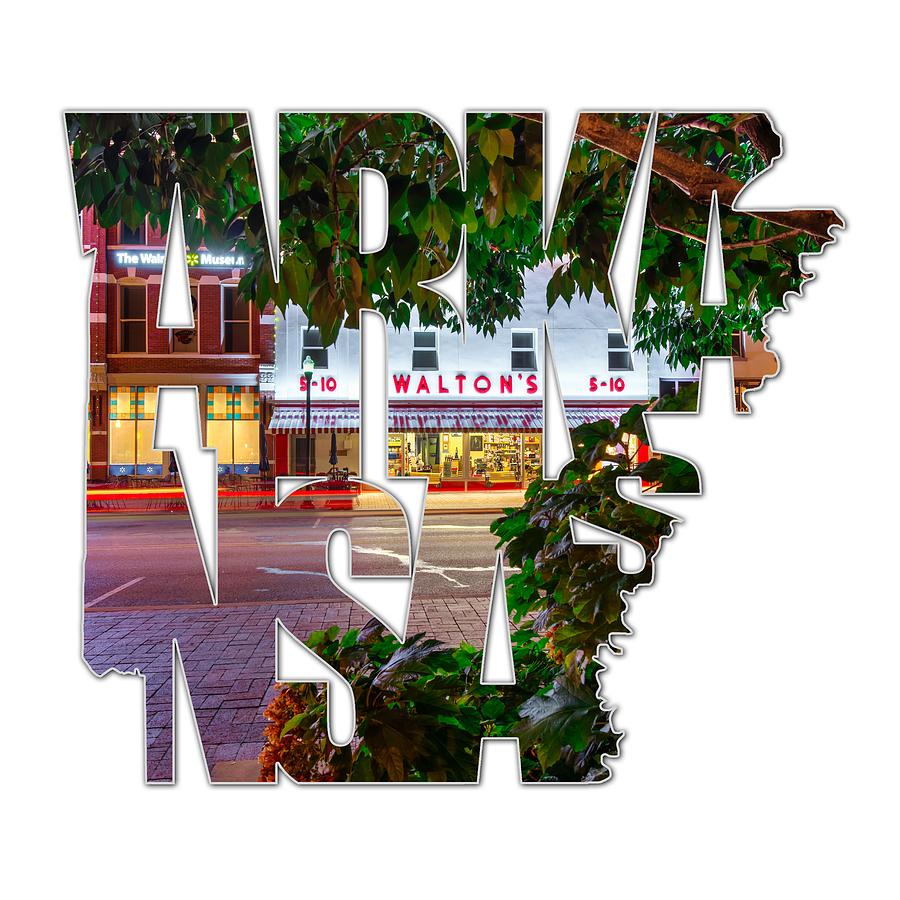 Bentonville Arkansas - State Shape Series - Typography - A Night on the Bentonville Square Photograph by Gregory Ballos