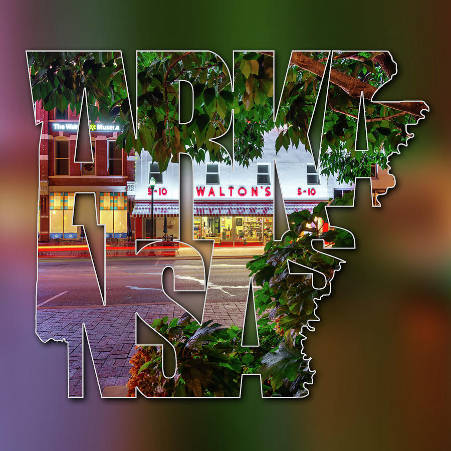Bentonville Arkansas - State Shape Series - Typography Blur - A Night on the Bentonville Square Photograph by Gregory Ballos