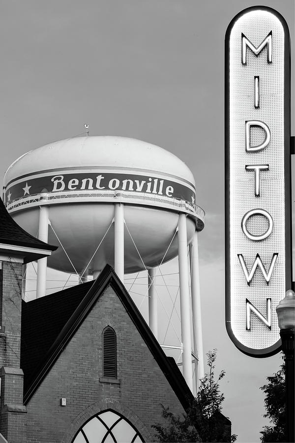 Bentonville Neon Midtown Sign and Water Tower - Black and White Edition Photograph by Gregory Ballos