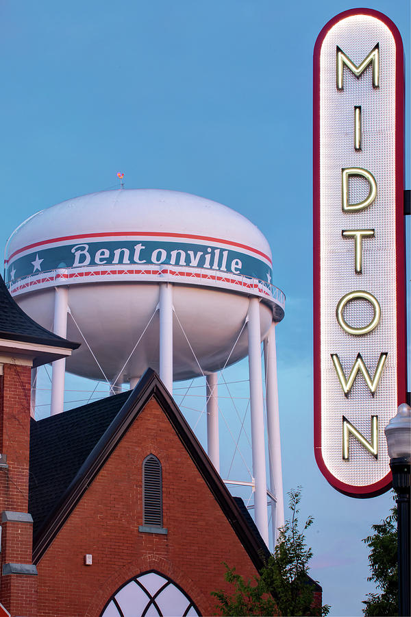 Architecture Photograph - Bentonville Neon Midtown Sign and Water Tower - Color Edition by Gregory Ballos