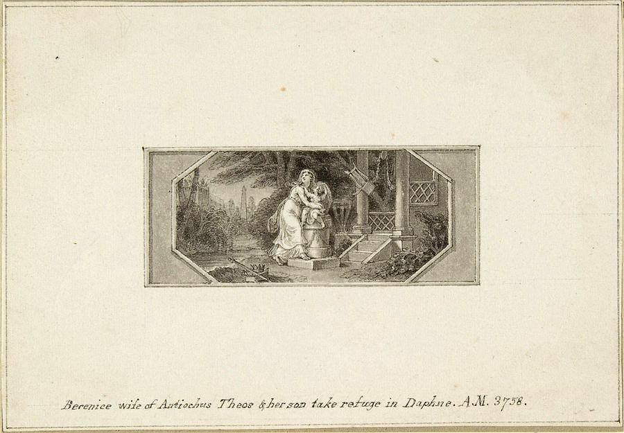 Berenice wife of Antiochus Theos and her son take refuge in Daphne Drawing by Edward Francis Burney