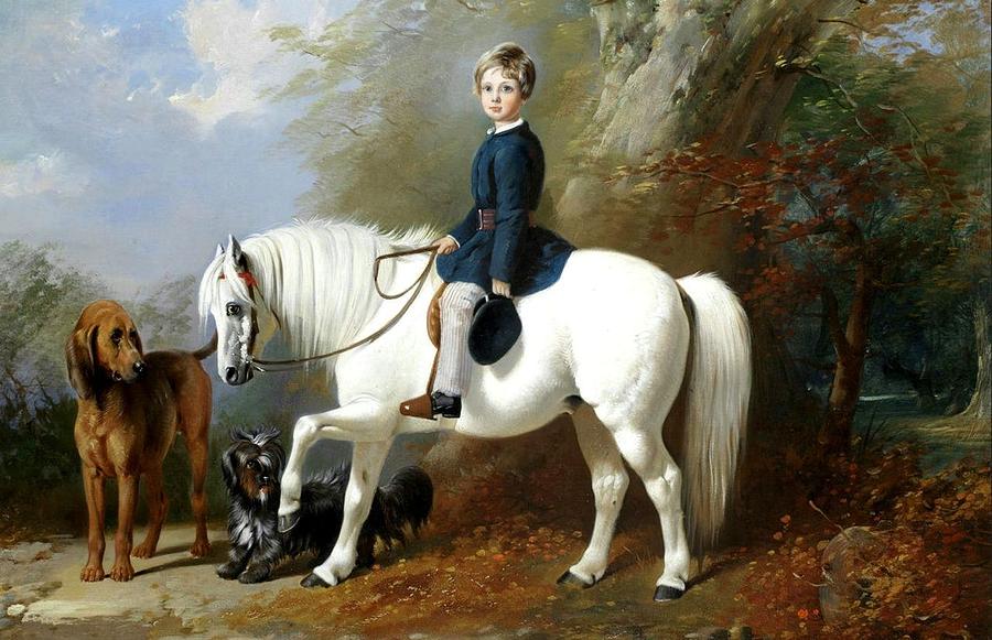 Beresford Lowndes with his favourite pony and dogs Painting by Henry Barraud