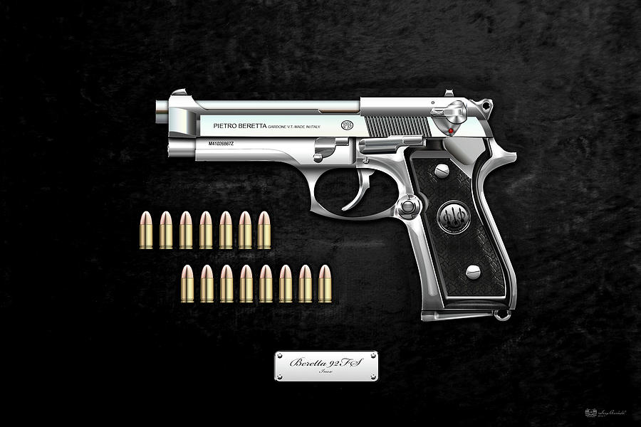Beretta 92FS Inox with Ammo on Black Velvet  Digital Art by Serge Averbukh