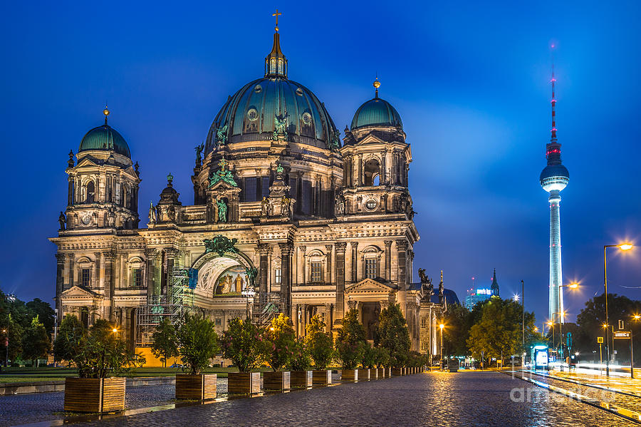 Berlin Cathedral with TV tower at night Photograph by JR Photography