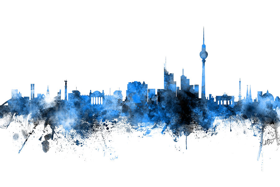 Berlin Germany Skyline Blue Signed Digital Art by Michael Tompsett