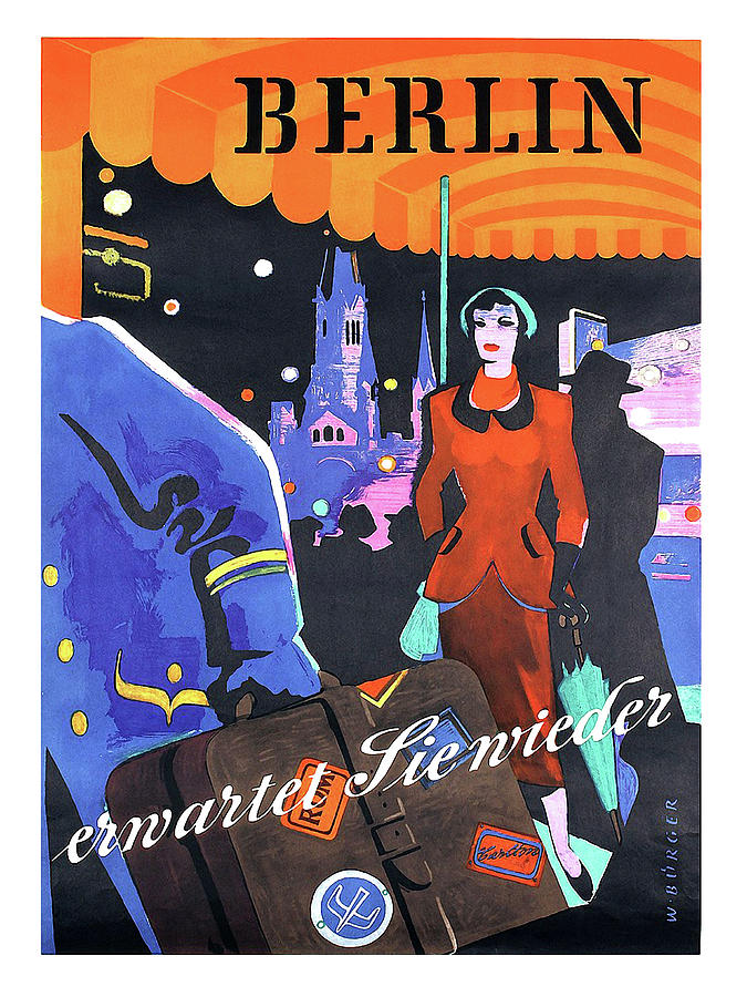 Berlin, woman arriving in hotel, vintage travel poster Painting by Long Shot