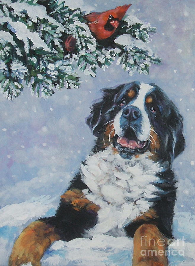 Cardinal Painting - Bernese Mountain Dog with Cardinal by Lee Ann Shepard