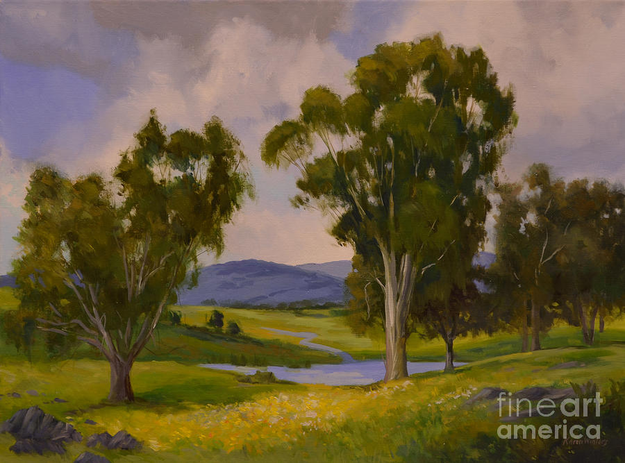 Landscape Painting - Beside Still Waters California Eucalyptus Landscape painting by Karen Winters