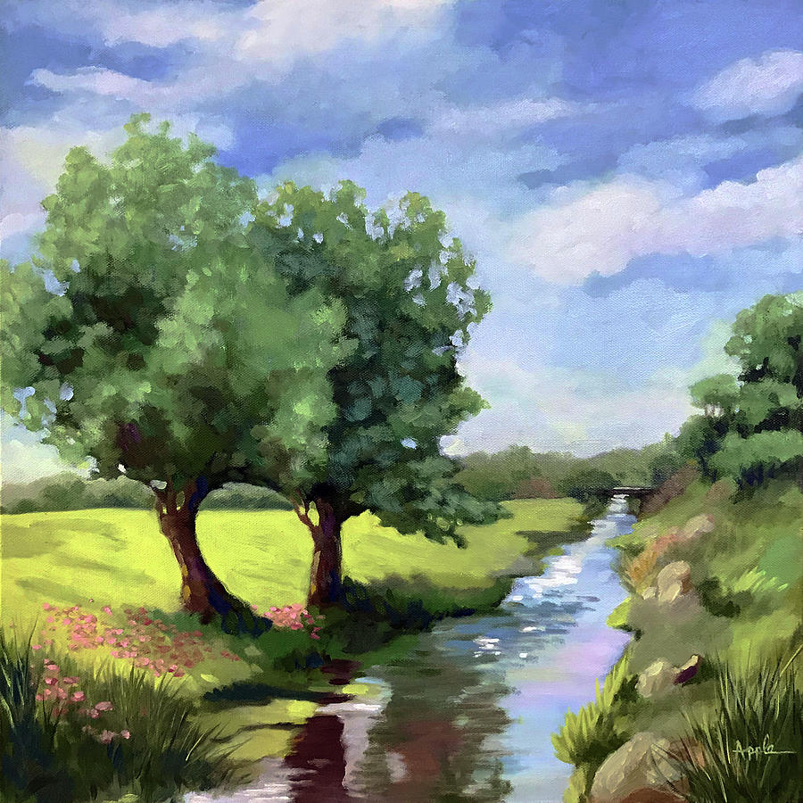 Tree Painting - Beside the Creek - original rural landscape  by Linda Apple