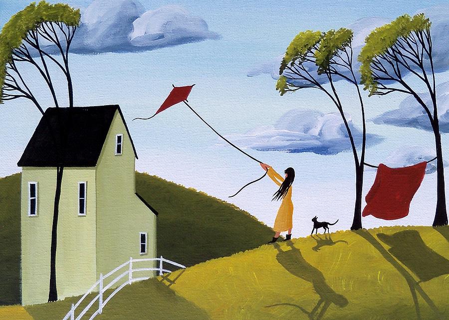 Best Spring Day - country girl cat farm landscape Painting by Debbie Criswell
