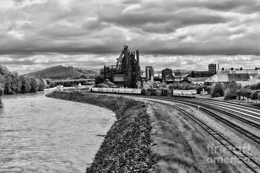 Bethlehem Steel Mill and Trains in black and white Photograph by Paul Ward
