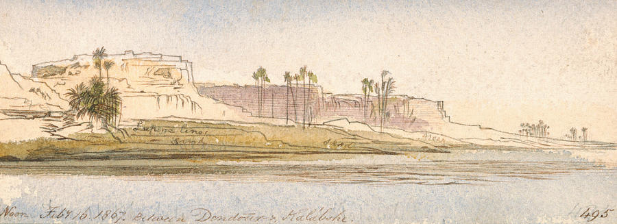 Between Dendour and Kalabshe Drawing by Edward Lear