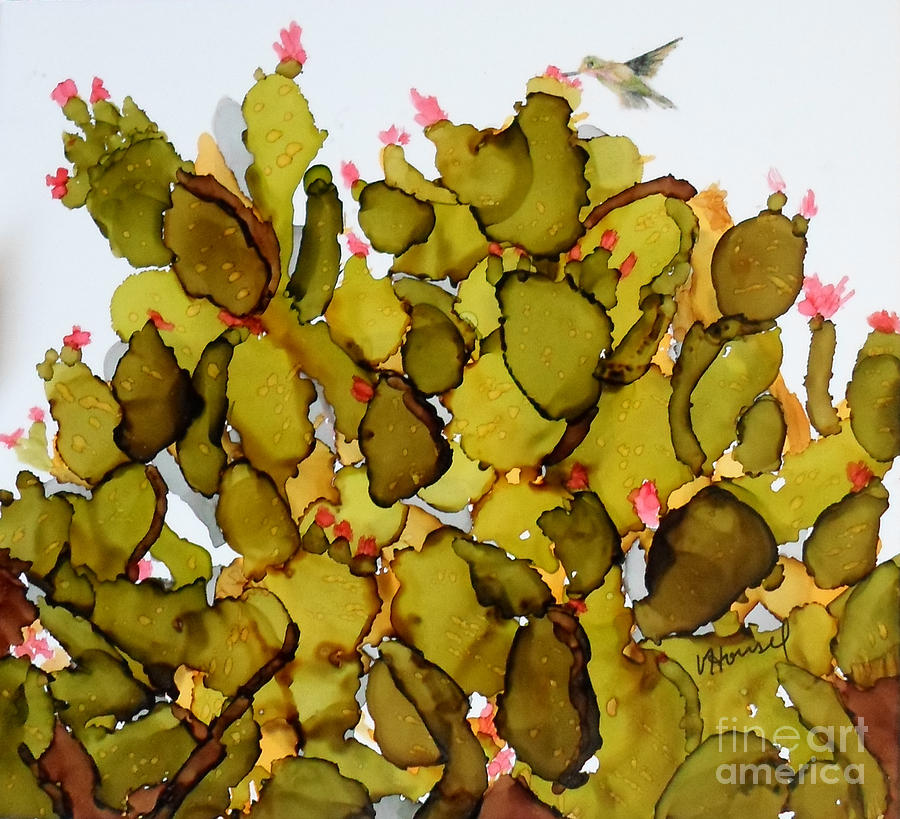 Hummingbird Painting - Bever Tail Cactus with Hummingbird by Vicki  Housel
