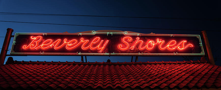Sunset Photograph - Beverly Shores Indiana Depot Neon Sign Panorama by Steve Gadomski