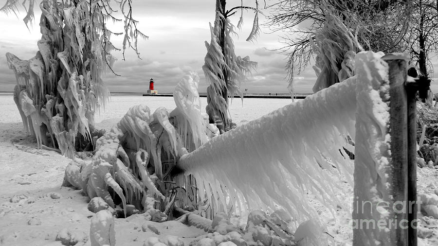 Beyond the Icy Gate - Menominee North Pier Lighthouse Photograph by Mark J Seefeldt