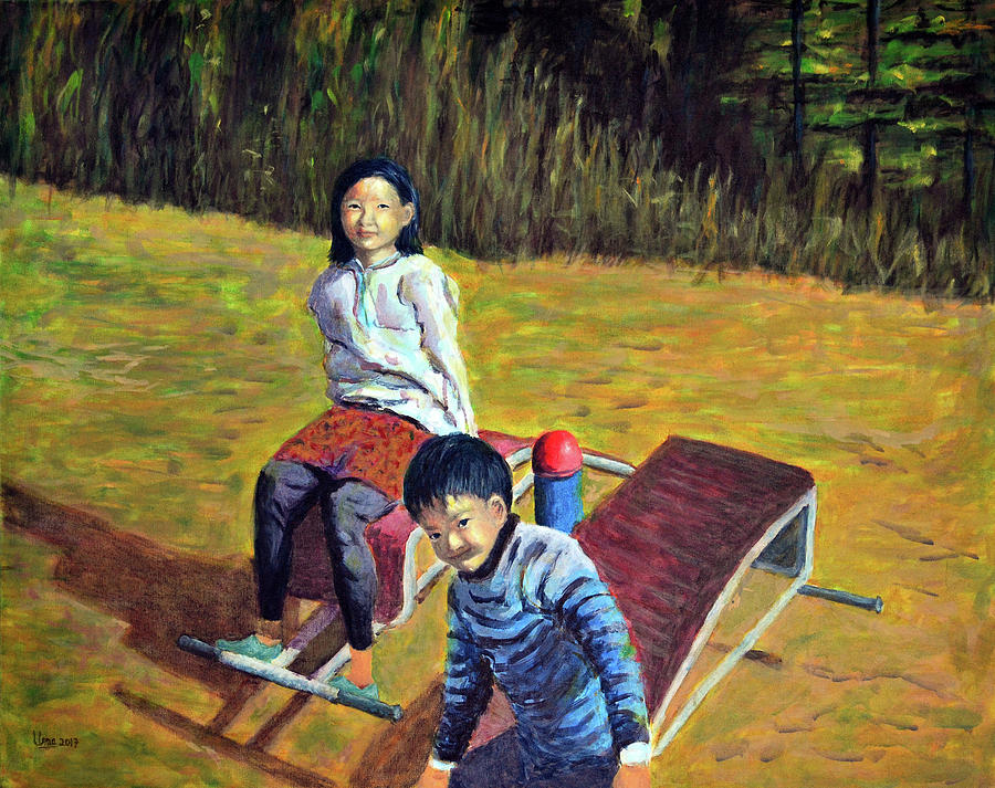 Bhutan series - Children at play Painting by Uma Krishnamoorthy