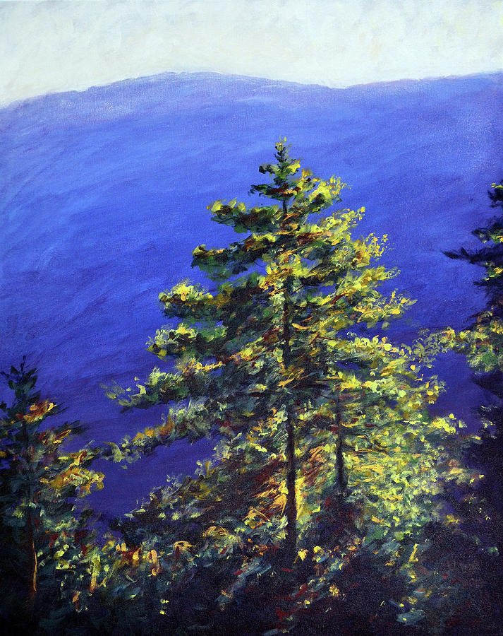 Bhutan series - Pine trees and blue mountains Painting by Uma Krishnamoorthy