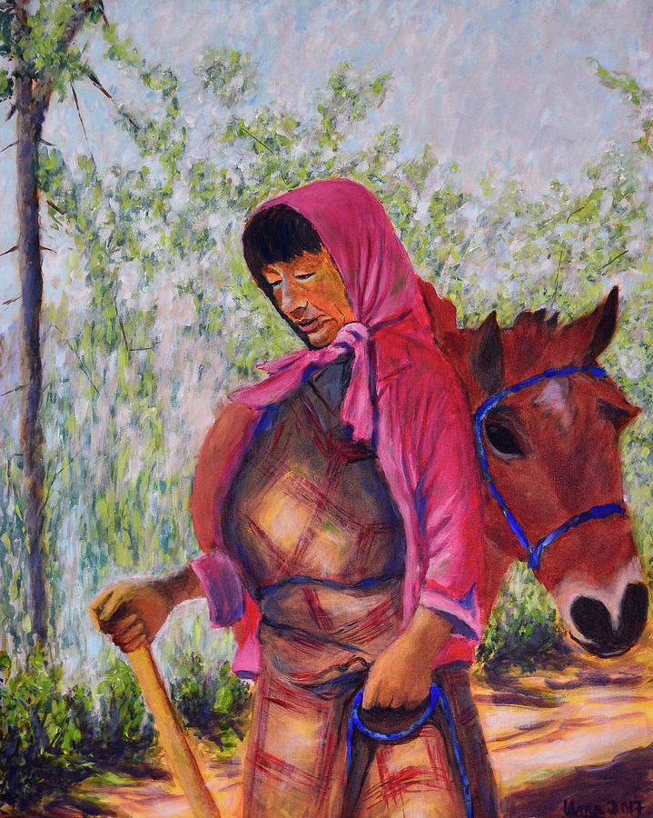 Bhutan series - Woman with the horse Painting by Uma Krishnamoorthy