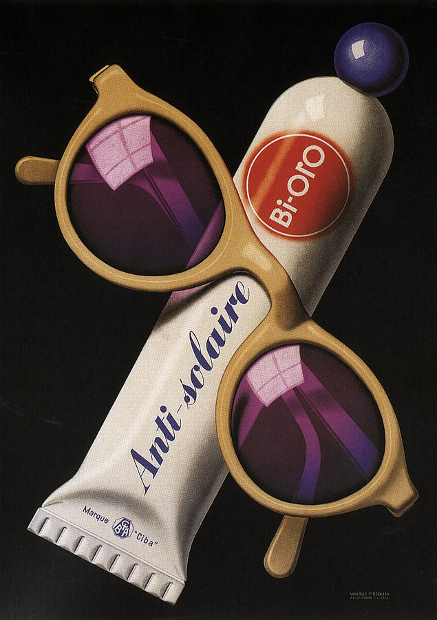 Bi-Oro Anti Solaire - Suntan Lotion and Sunglasses - Vintage Advertising Poster Mixed Media by Studio Grafiikka