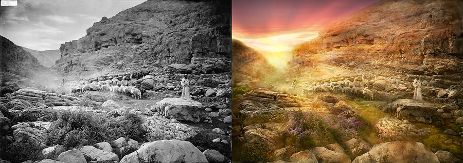 Bible - Psalm 23 - Yea, though I walk through the valley 1920 - Side by Side Photograph by Mike Savad