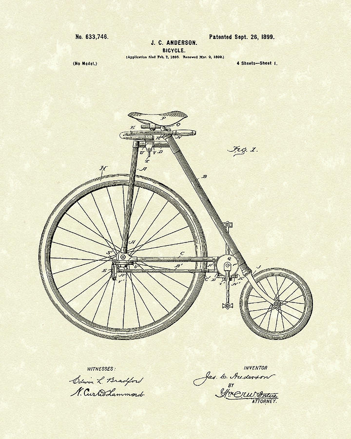 Bicycle Anderson 1899 Patent Art Drawing by Prior Art Design
