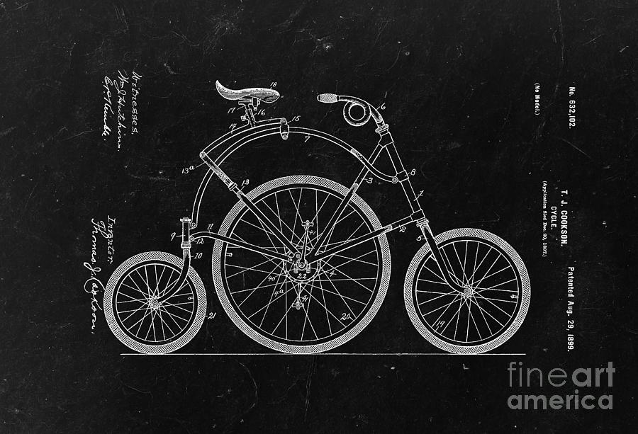 Three wheels bicycle patent from 1899 - black Drawing by Delphimages Photo Creations