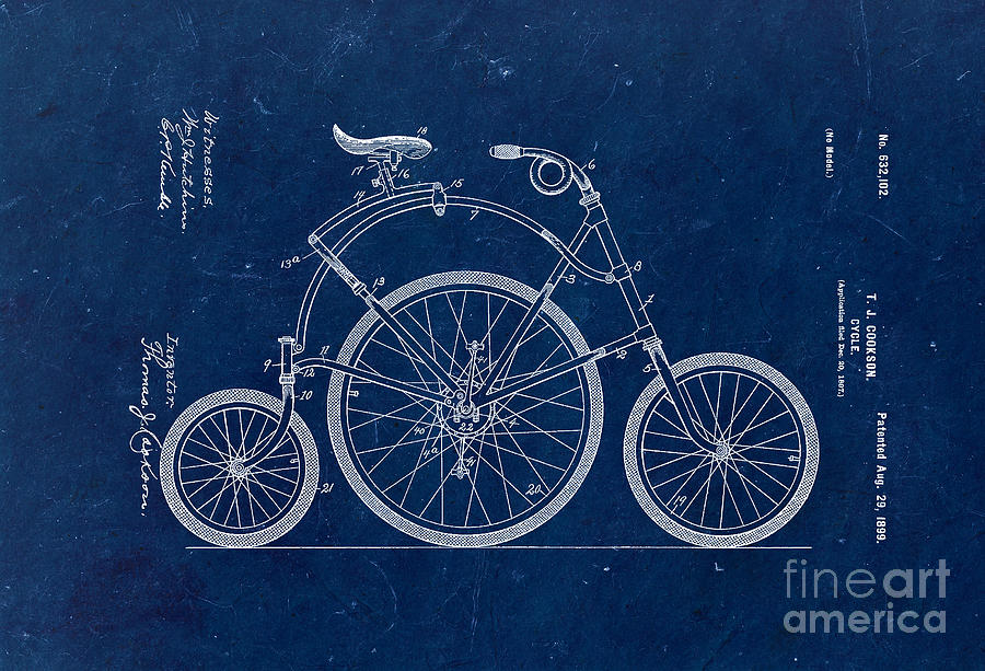 Three wheels bicycle patent from 1899 - blue Drawing by Delphimages Photo Creations