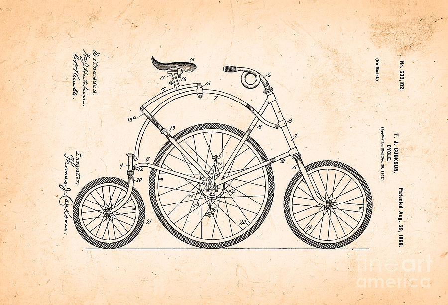 Vintage Drawing - Three sheels bicycle patent from 1899 by Delphimages Photo Creations