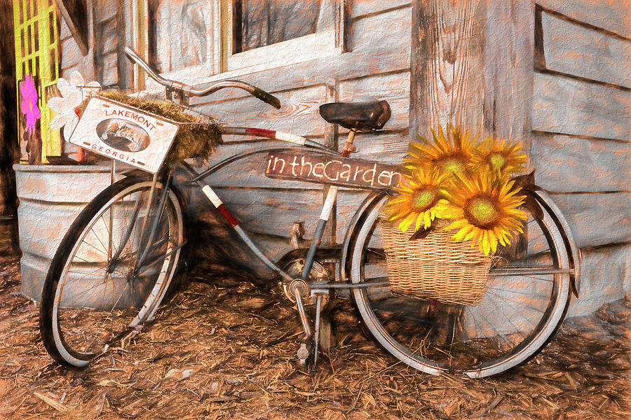 Bicycle in the Garden Art Earth Tones with Sunflowers Photograph by Debra and Dave Vanderlaan