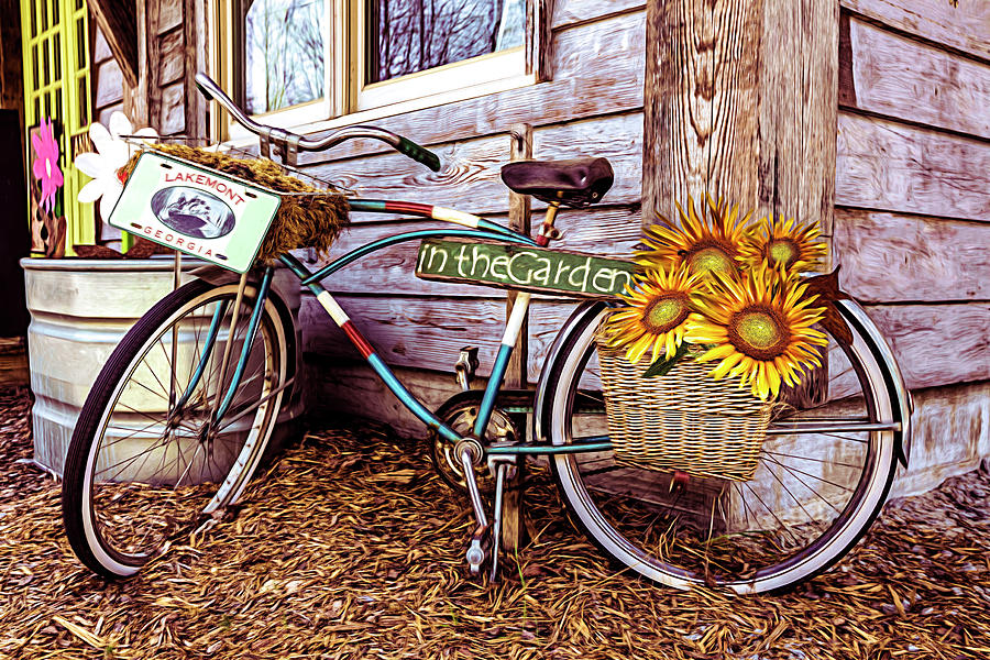 Bicycle in the Garden Art Oil Painting with Sunflowers Photograph by Debra and Dave Vanderlaan