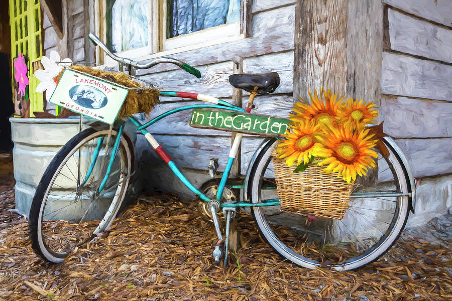Bicycle in the Garden Art Painting with Sunflowers Photograph by Debra and Dave Vanderlaan