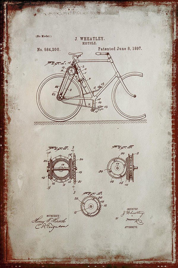 Bicycle Patent Drawing 4a Mixed Media by Brian Reaves