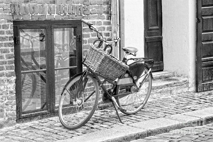Bicycle With Big Basket In Copenhagen, B W Photograph