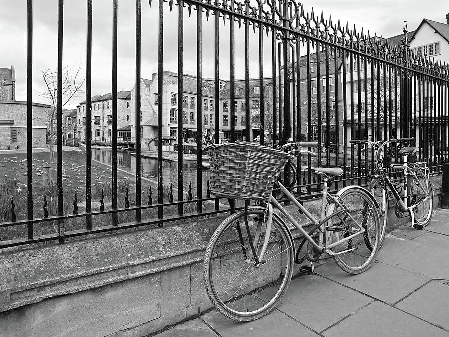 Bicycles on Magdalene Bridge Cambridge in Black and White Photograph by Gill Billington