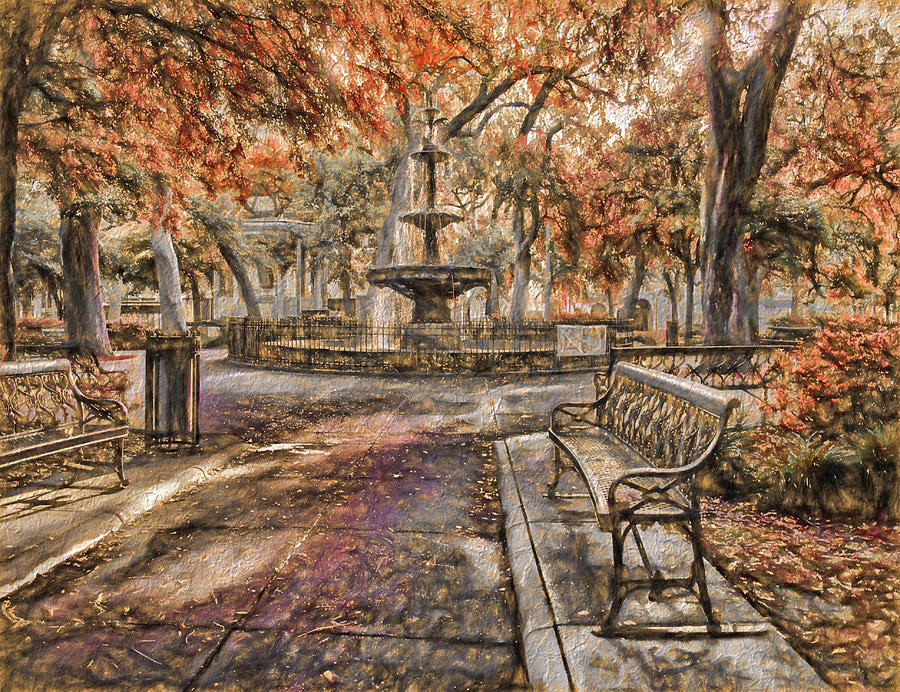 Bienville Fountain and Bench Fall Colors Photograph by Michael Thomas