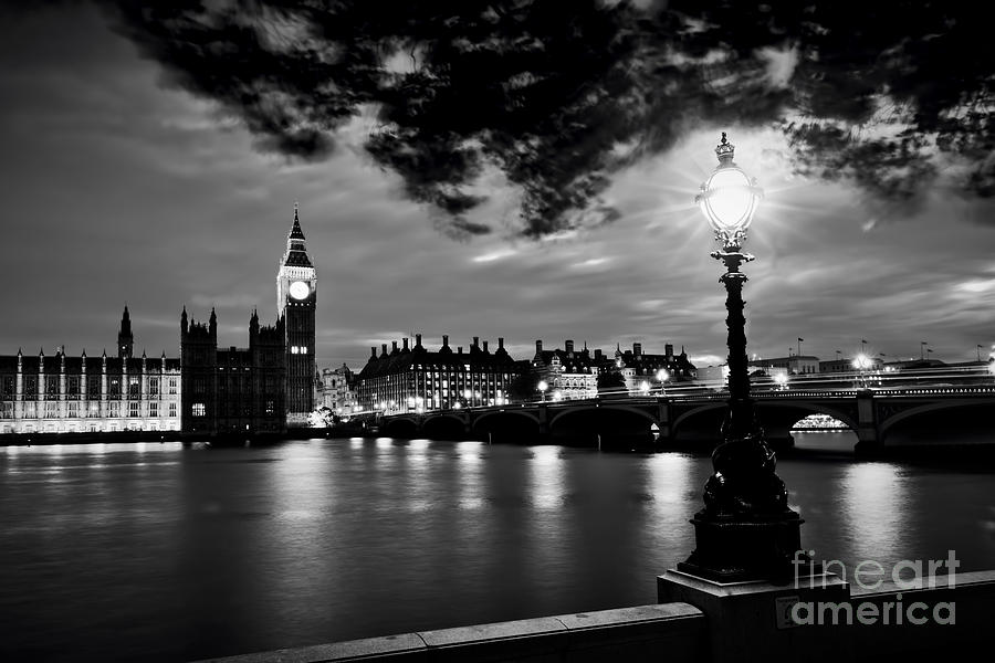 Big Ben, London the UK at sunset. Retro street lamp light on Westminster Bridge. Black and white Photograph by Michal Bednarek